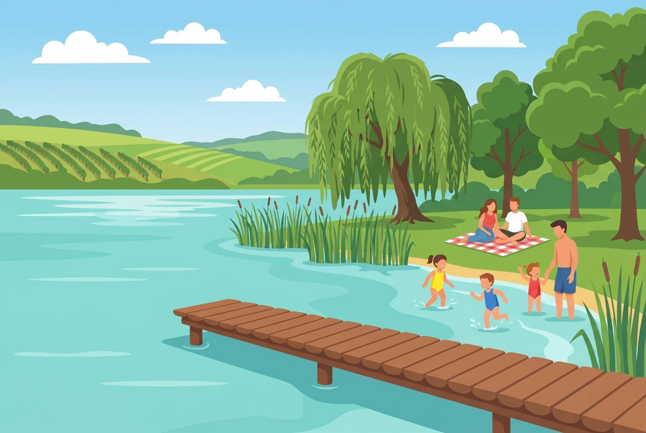 Illustration de la plage de Praz au Mont-Vully : enfants qui se baignent dans l'eau peu profonde du lac de Morat près d'un débarcadère en bois, pelouse avec saule pleureur et coteaux de vigne du Vully en arrière-plan