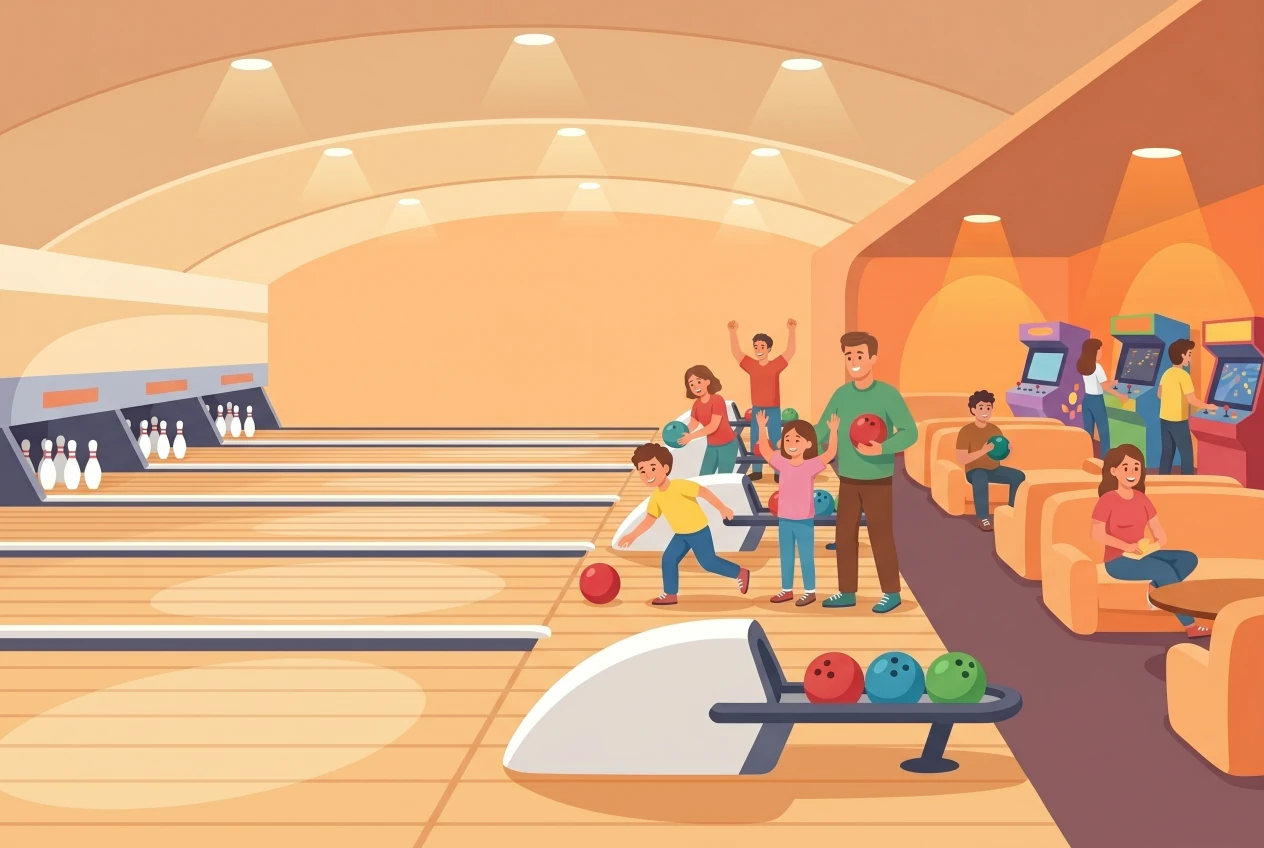Illustration du FriBowling à Fribourg : pistes de bowling en bois clair avec quilles, boules colorées rouge, bleue et verte, et coin lounge avec jeux d'arcade, où des enfants et des parents jouent