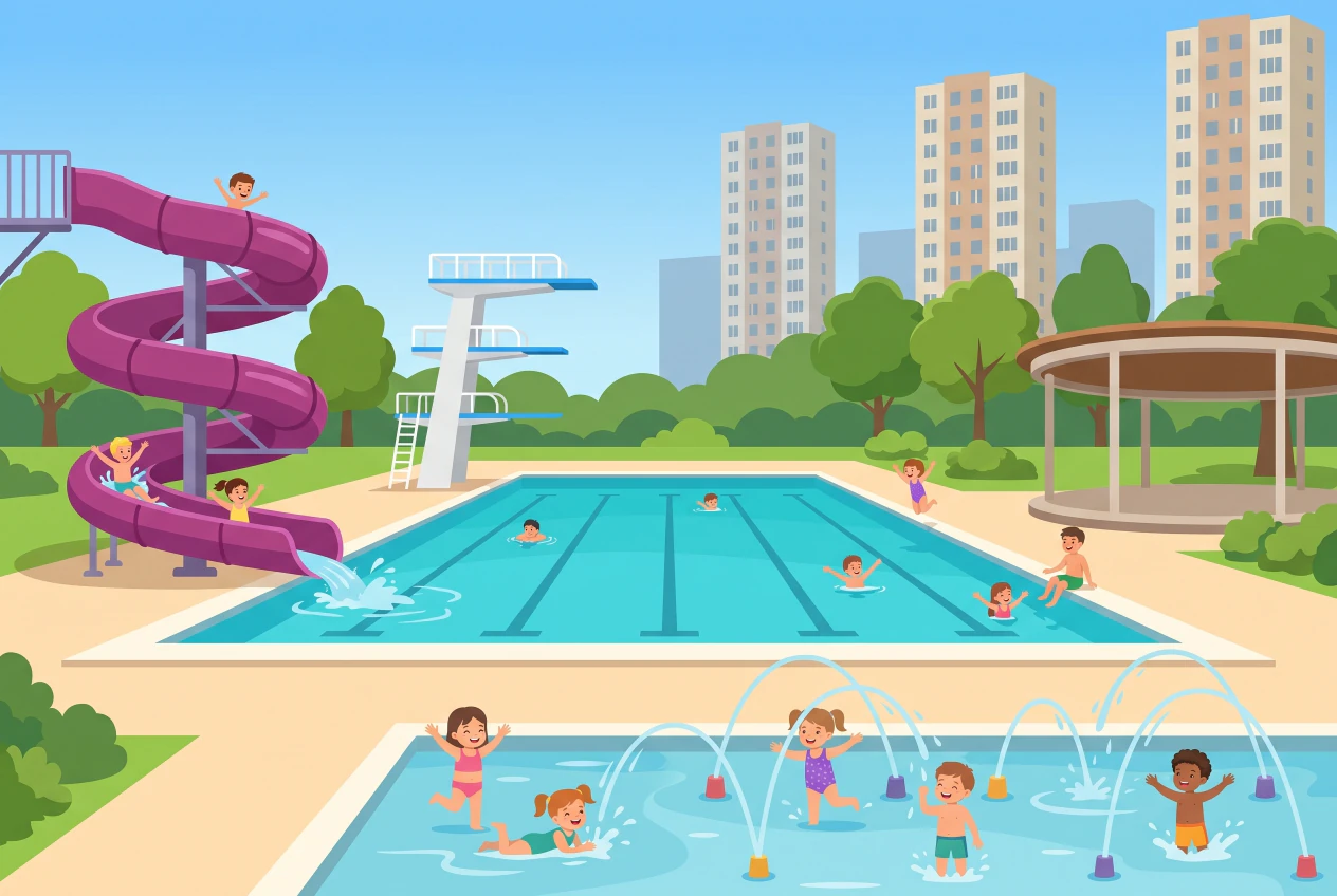Illustration de la Piscine du Lignon à Vernier: grand bassin extérieur turquoise, toboggan en spirale violet, plongeoirs, pataugeoire avec jets d'eau et enfants qui se baignent, avec les tours du Lignon en arrière-plan