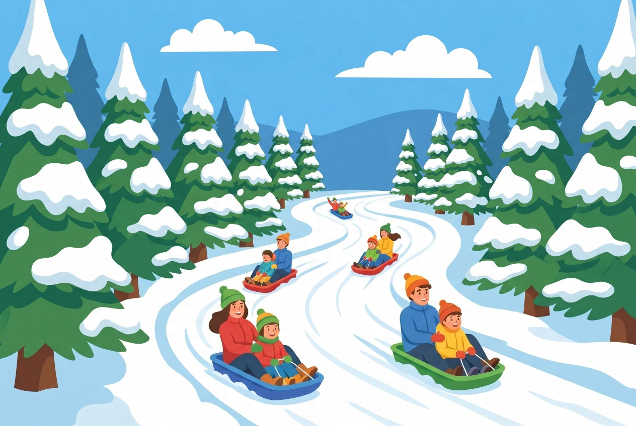 Illustration de la piste de luge du col du Marchairuz : longue descente enneigee serpentant entre les sapins du Jura, familles et enfants en luge sous un ciel bleu