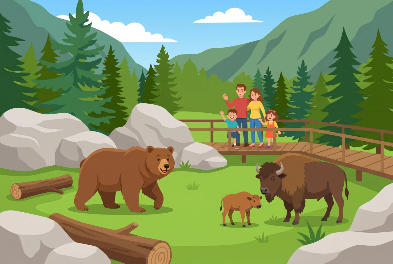 Illustration du Juraparc à Vallorbe : un ours brun, des bisons et leur petit dans un enclos forestier du Jura, une famille les observe depuis une passerelle en bois