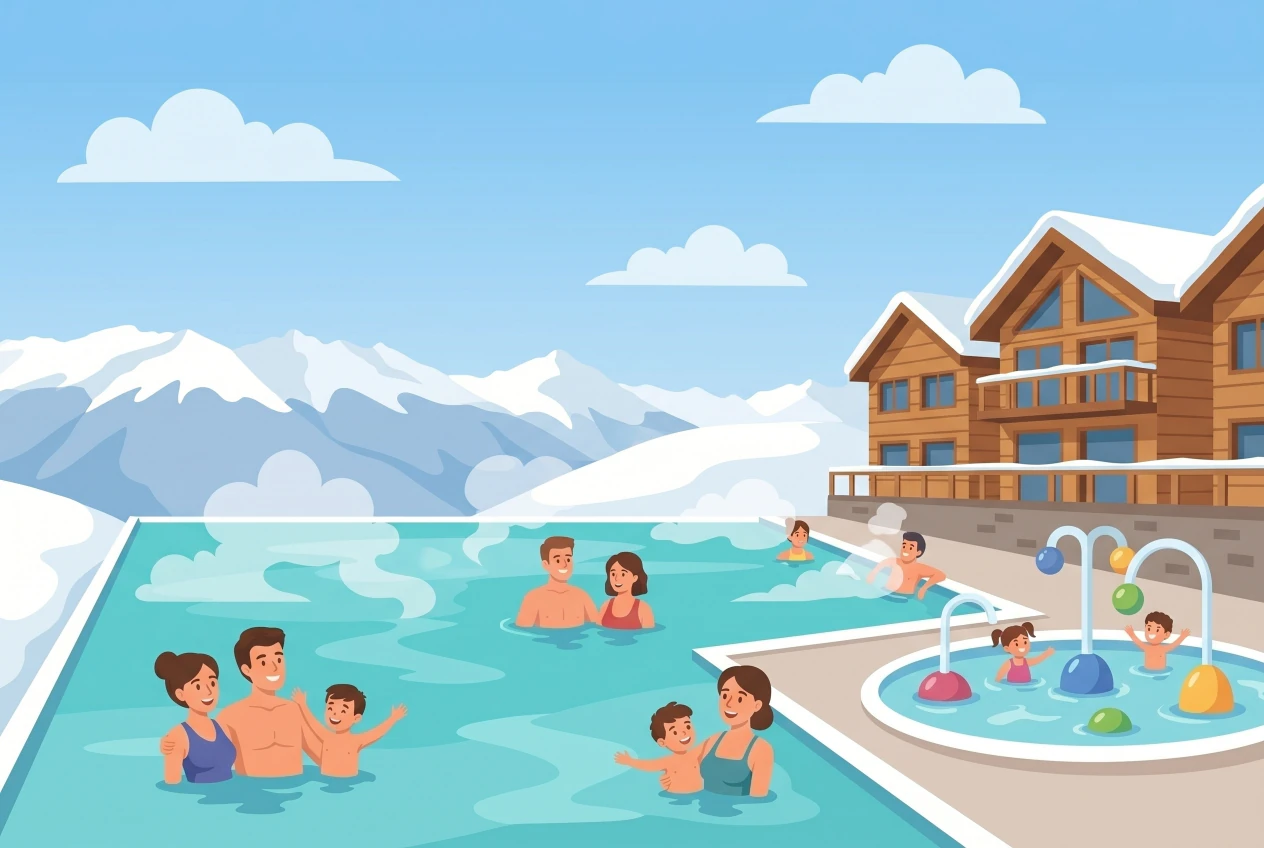 Illustration des Grands Bains d'Hérémence, bassin thermal extérieur face aux montagnes valaisannes