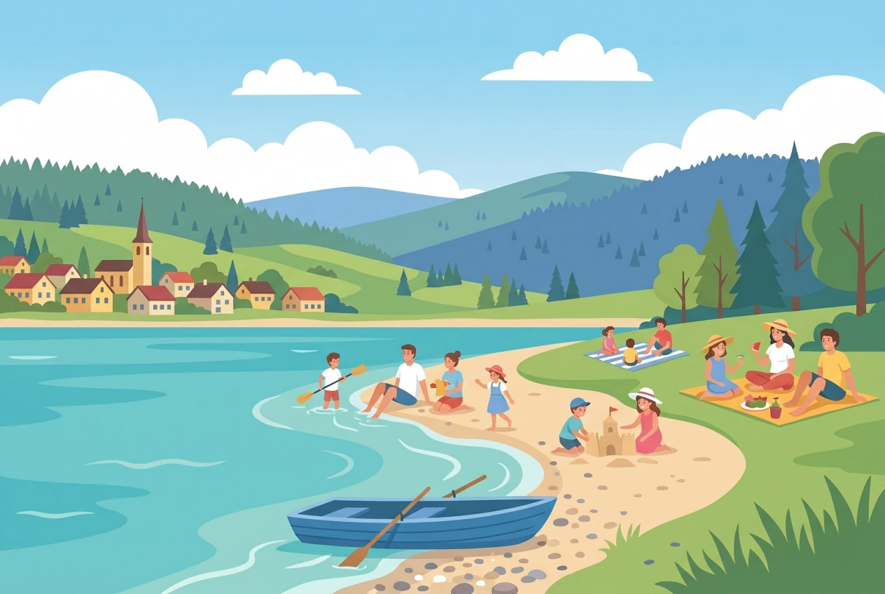 Illustration de la plage du Pont au bord du lac de Joux, lac de montagne du Jura avec familles
