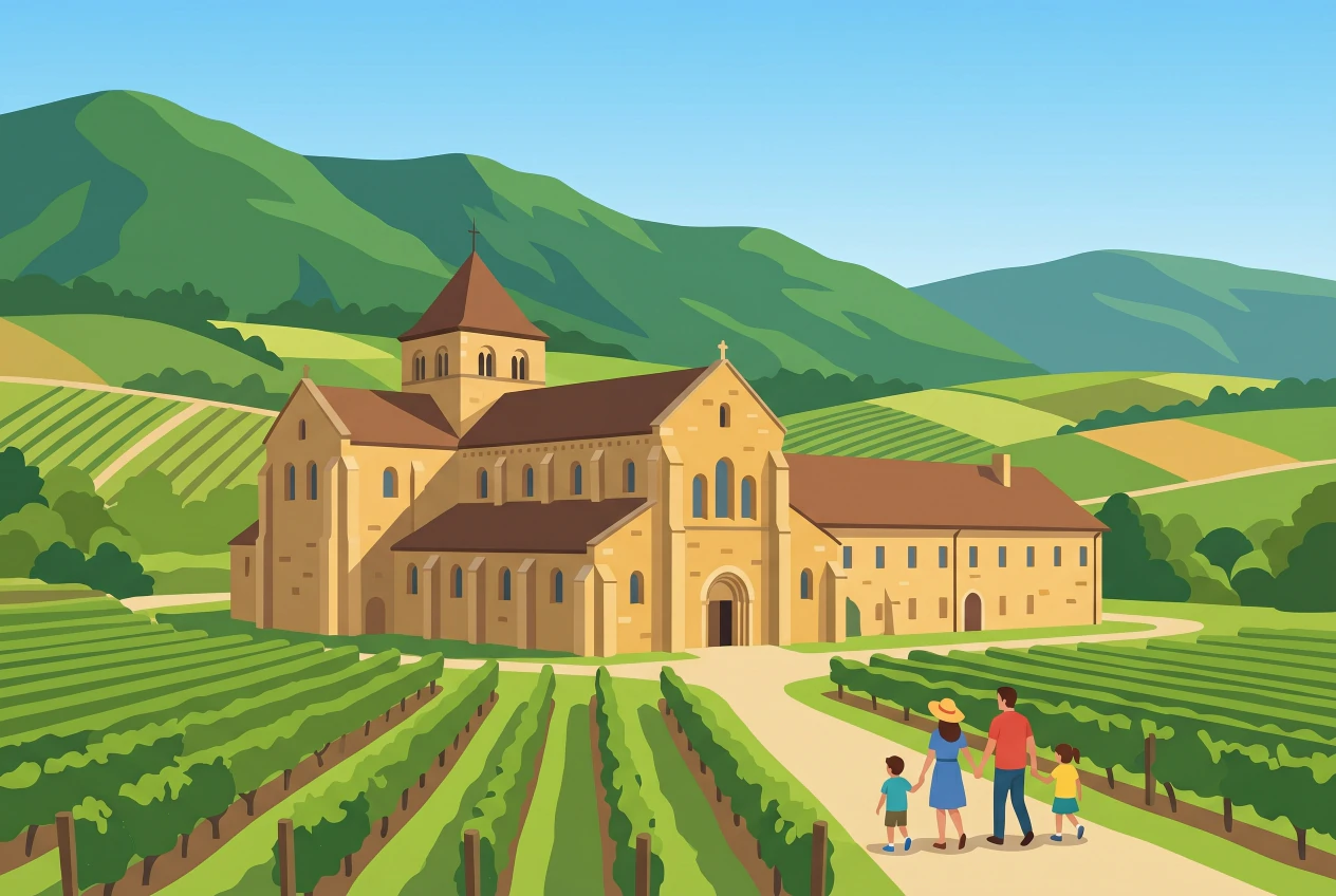 Illustration plate de l Abbaye de Bonmont a Cheserex, eglise cistercienne en pierre au pied du Jura, une famille en visite dans les vignes